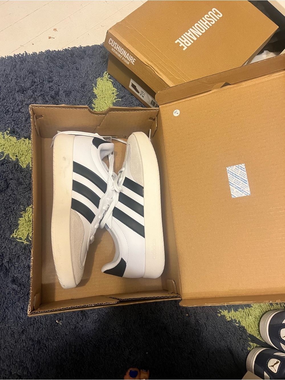 adidas Womens White Sneakers with Black Stripes and Suede Accents